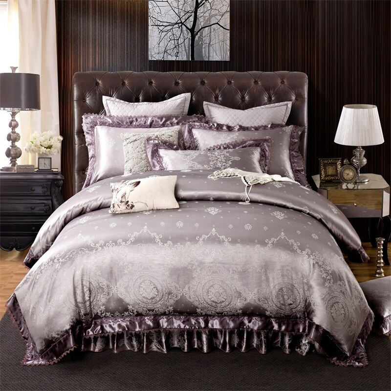 4 6 Pieces Luxury Silver Bedding Set, Queen Silver Bed Skirt