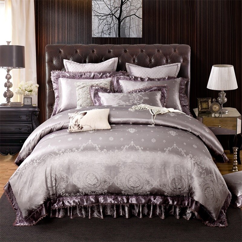 4 6 Pieces Luxury Silver Bedding Set King Queen Size Bed Set Quilted Bed Skirt Satin Jacquard Cotton Shopee Philippines