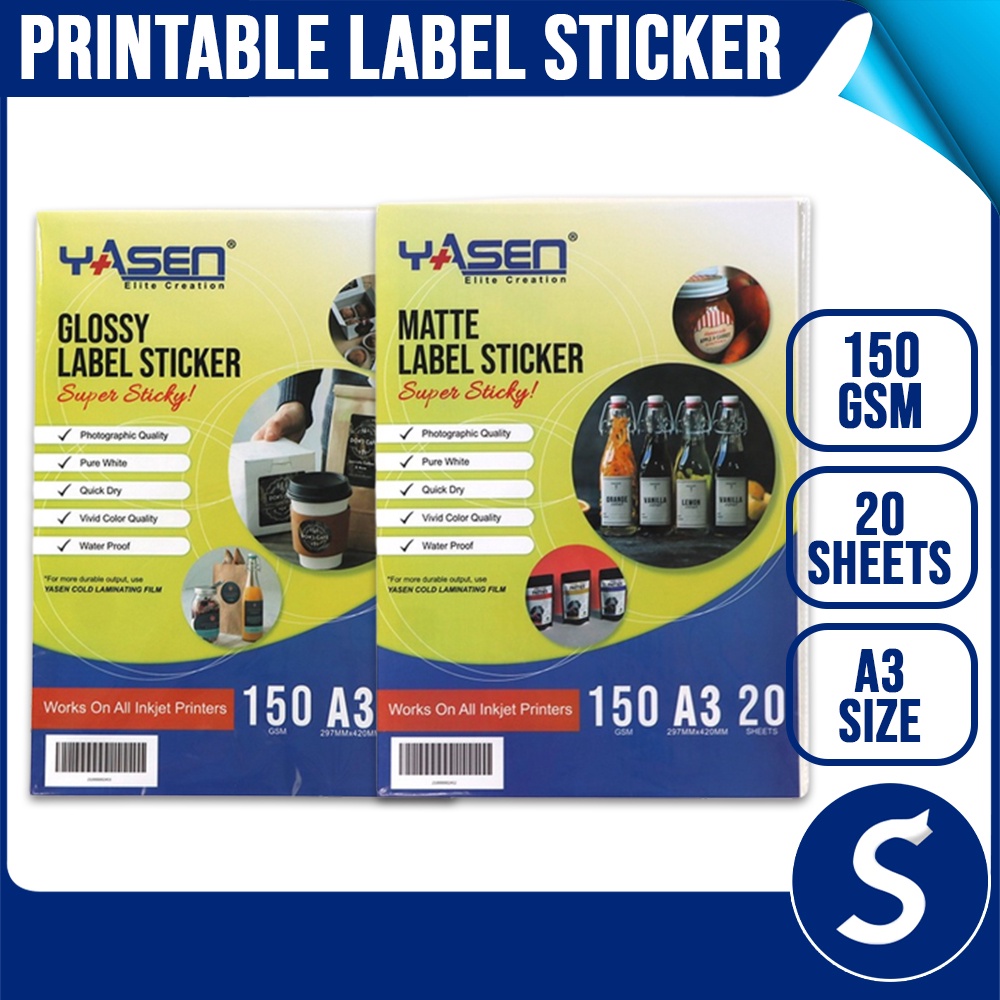 Printable Label Sticker Paper A3 150GSM Glossy Matte YASEN Brand for Inkjet Printer 20pcs