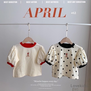 Top Short-Sleeved Korean Children's Clothing T-Shirt Summer Western Style Girls Fashion Contrast Color Polka Dot Cartoon