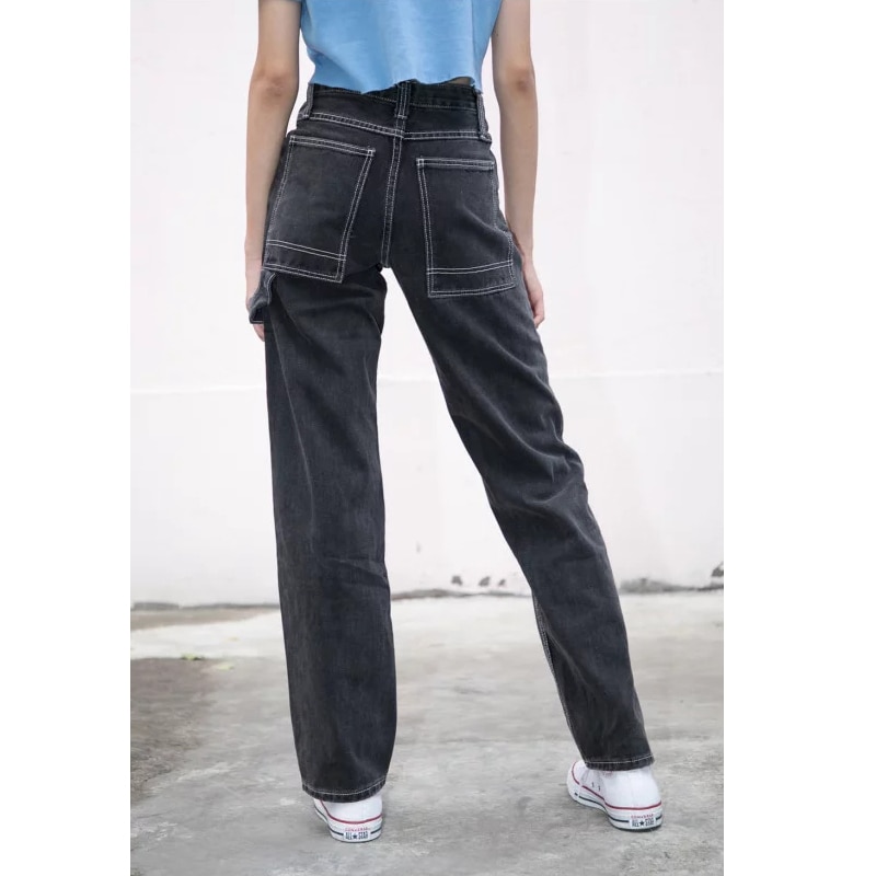 Women High Rise Faded Black Denim Jeans With White Stitching Straight Leg Denim Pants Shopee Philippines