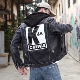 black denim jacket with print