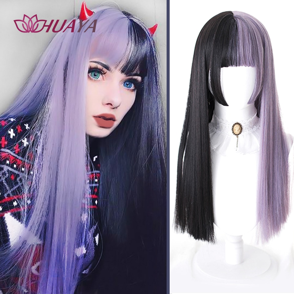 Huaya Long Straight Lolita Cosplay Wigs For Women Half Black Half Purple Synthetic False Hair With Shopee Philippines