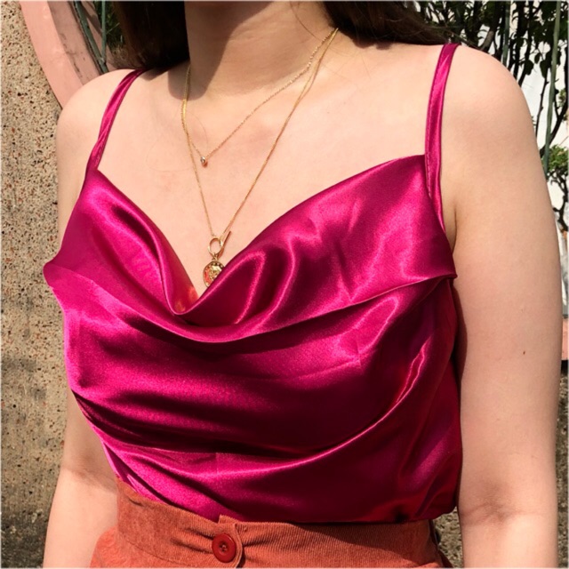 pink satin cowl neck top