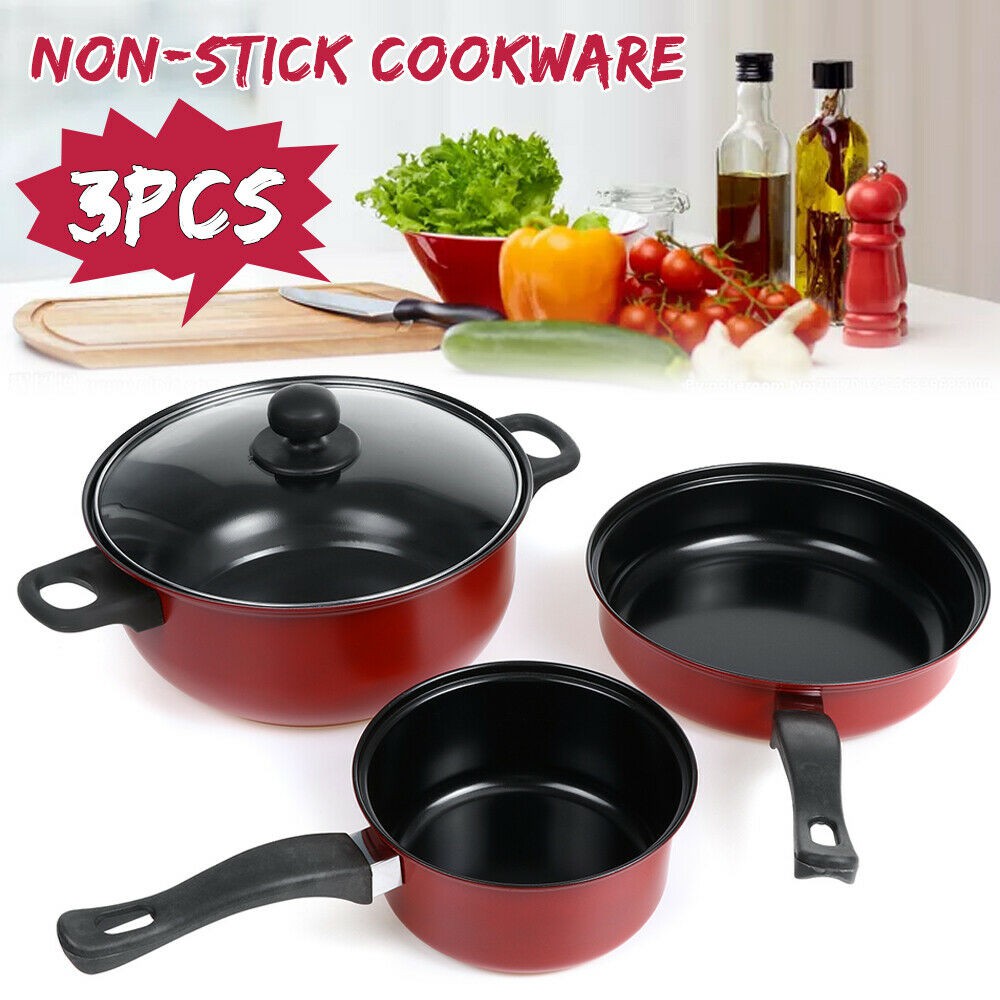 3Pcs Non-stick Kitchen Cookware Frying Pan Soup Pot Wok Set Cooking Cooker