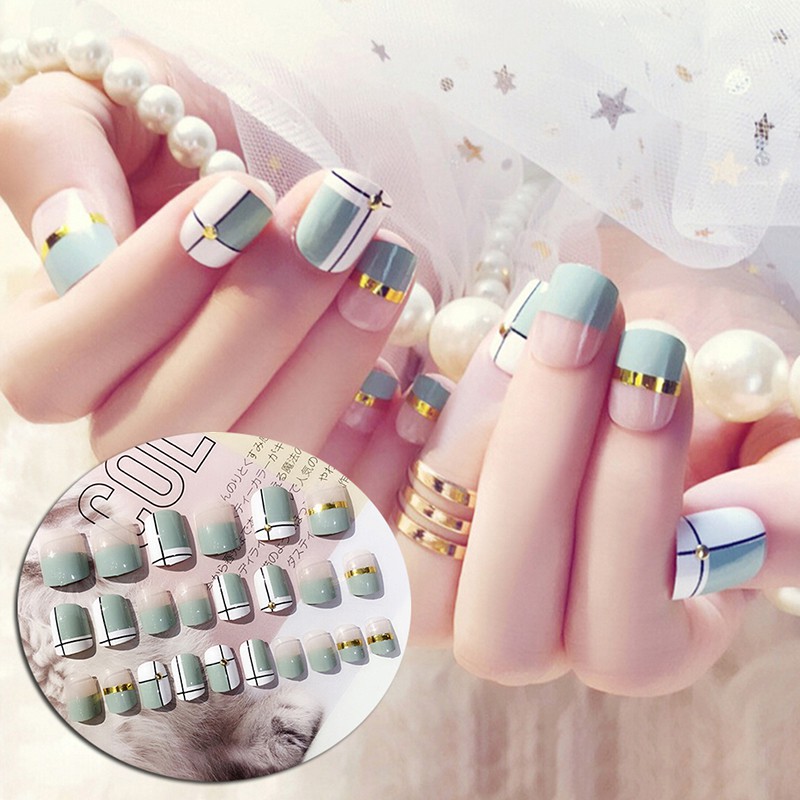 24pcs Light Blue False Nail Short Fake Nails Art Tips Diy Shopee Philippines