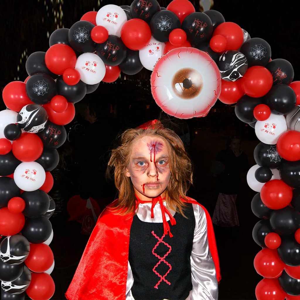 JOYMEMO Scary Halloween Party Decorations - Red Black Balloon Arch Kit Happy Halloween No One Leaves Bloody Backdrop Eye Foil Balloon Horrible Zombie Vampire Party Supplies