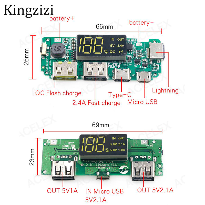 LED Dual USB 5V 2.4A 2A 1A Micro/TypeC USB Mobile Power Bank 18650