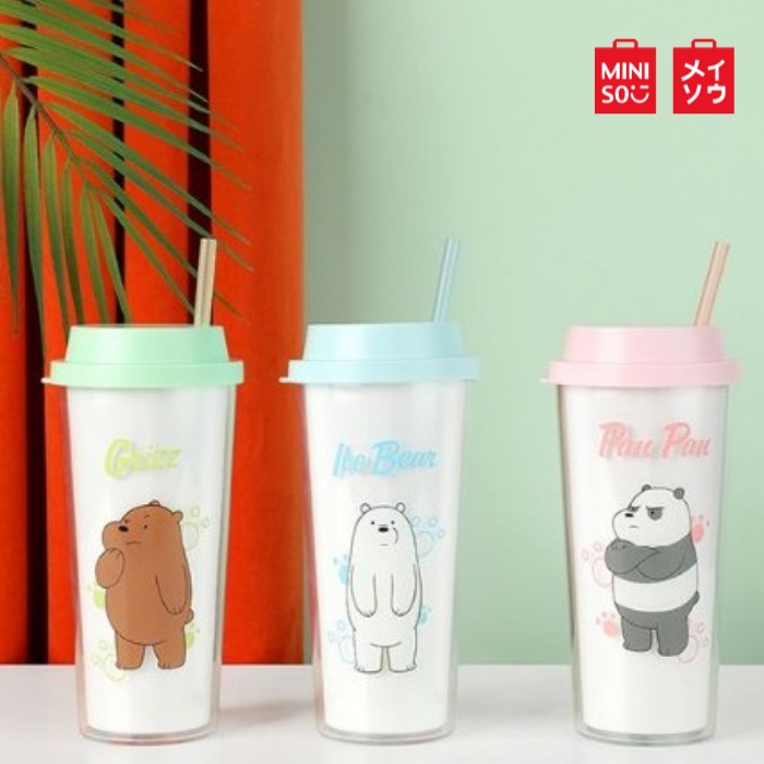 Miniso x We Bare Bears Doublelayer Straw Bottle Water Tumbler 550ml