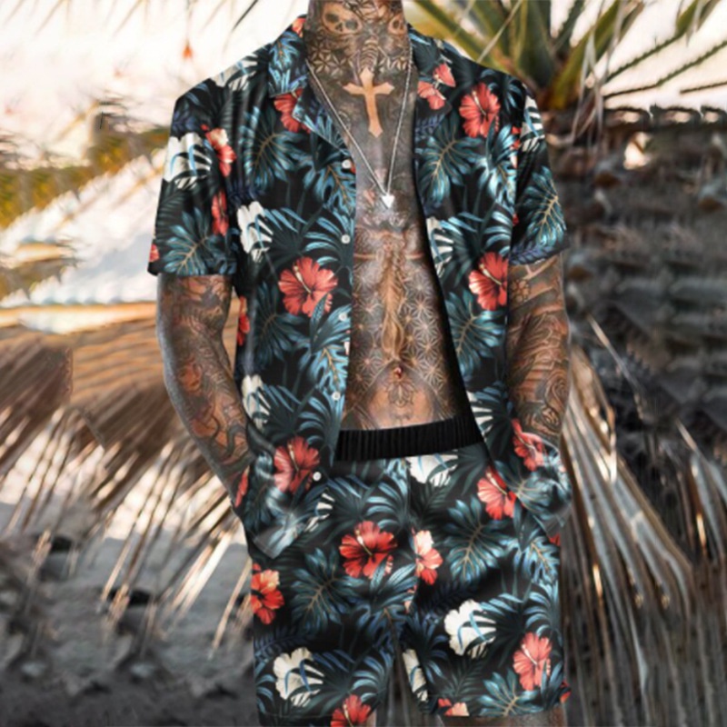 2021 New Fashion Men Sets M-3XL Pool Party Shirt Mens Hawaiian Shrit Printing Short Outfit Summer Casual Floral Shirt