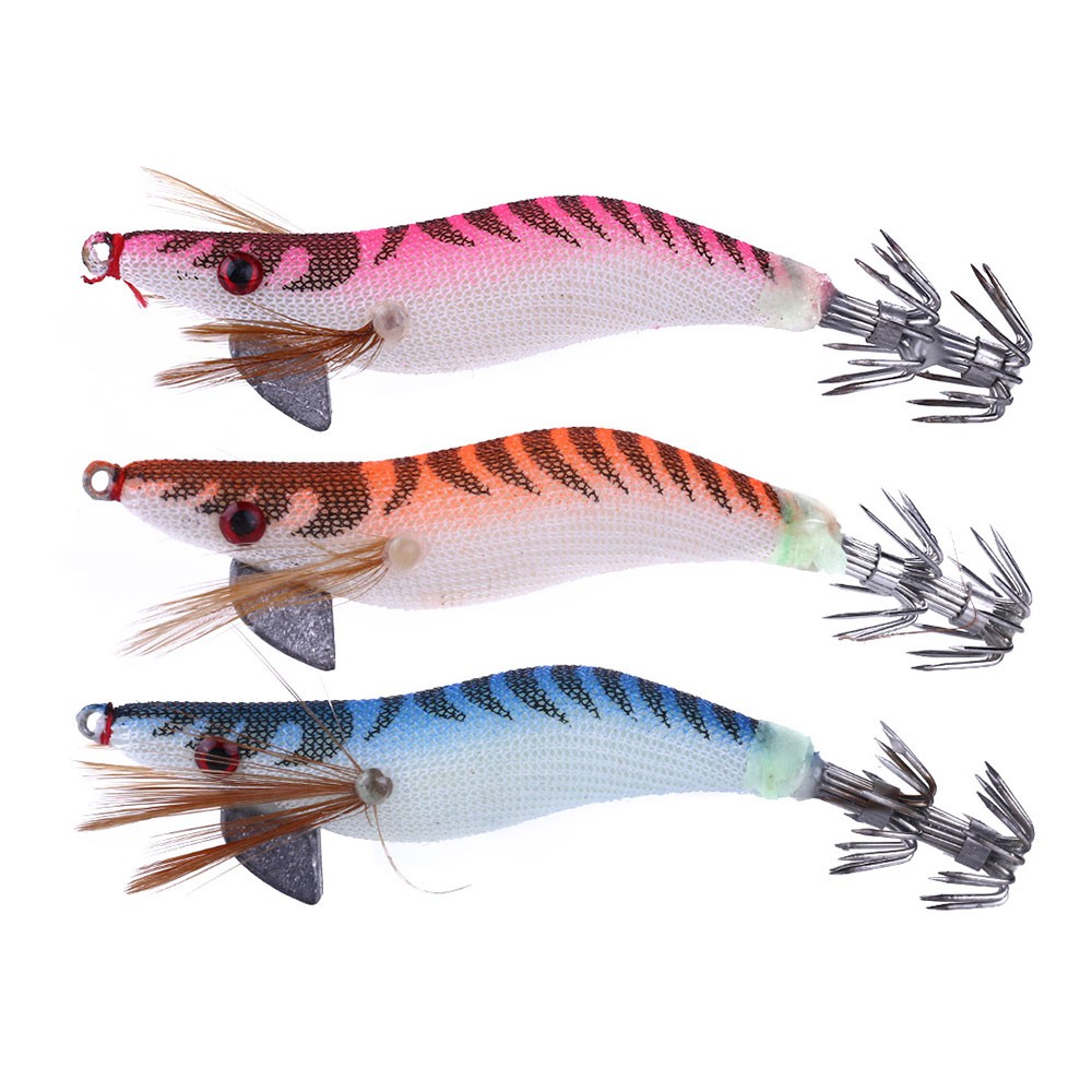 3.5# Squid Jig Fishing Lures Luminous Tail Wood Prawn Lures Artificial Spinner Lures with Squid Prawn Hook 