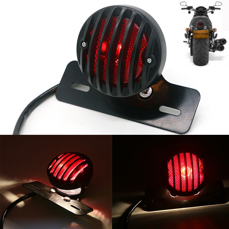 Plastic Grille Red Lens Motorcycle Round Tail Rear Stop Black Brake Light Lamp