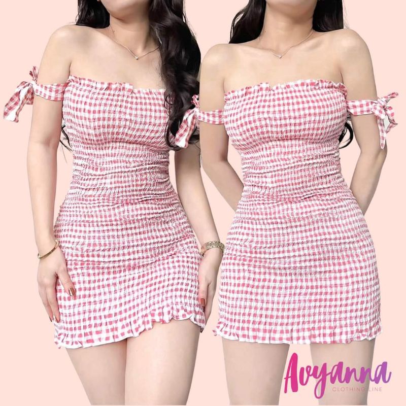 Avyanna Tracey Plaid Pink Smocking Fitted Bodycon Dress With Self Tie Side Strap Korean Mini