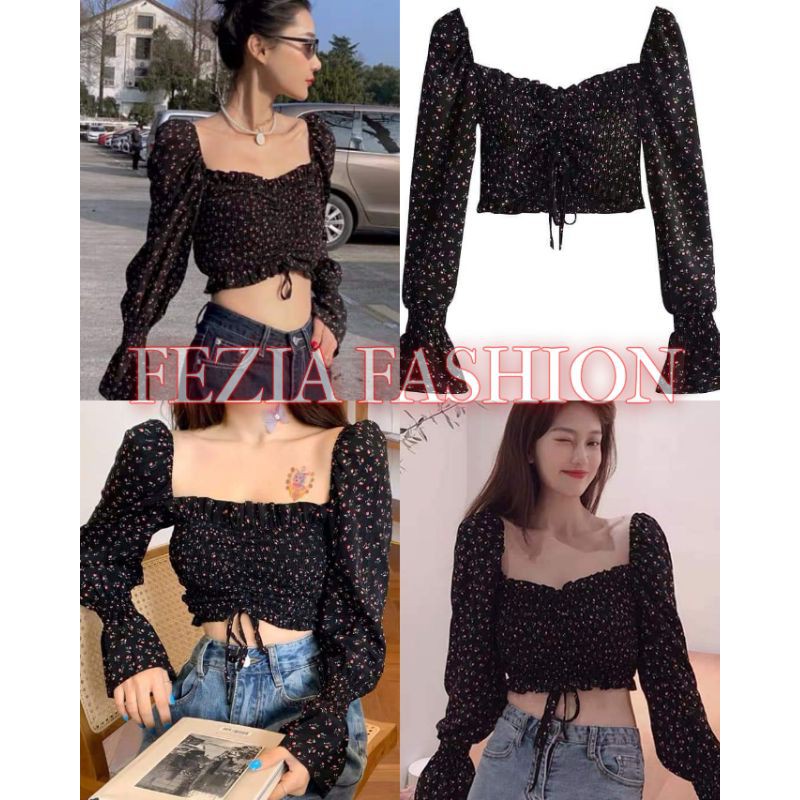 Fashionable Black Crop Top Smocking Trendy Puff Bishop Sleeves Casual Daily  Outfit Boho Summer Style | Shopee Philippines