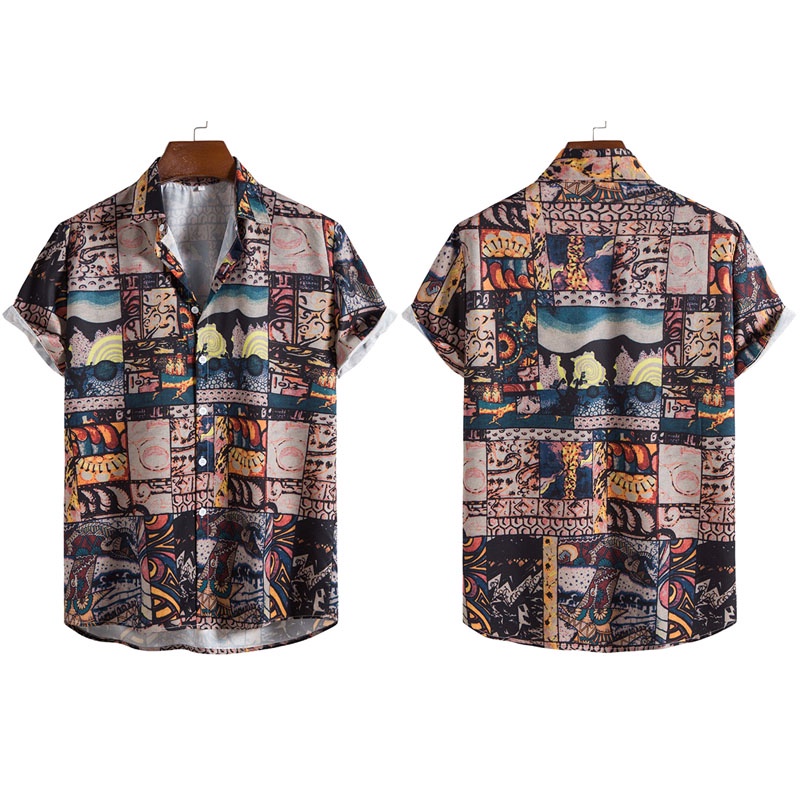 Men's Loose Casual Vintage Ethnic Printed Short Sleeve Shirt Boho ...