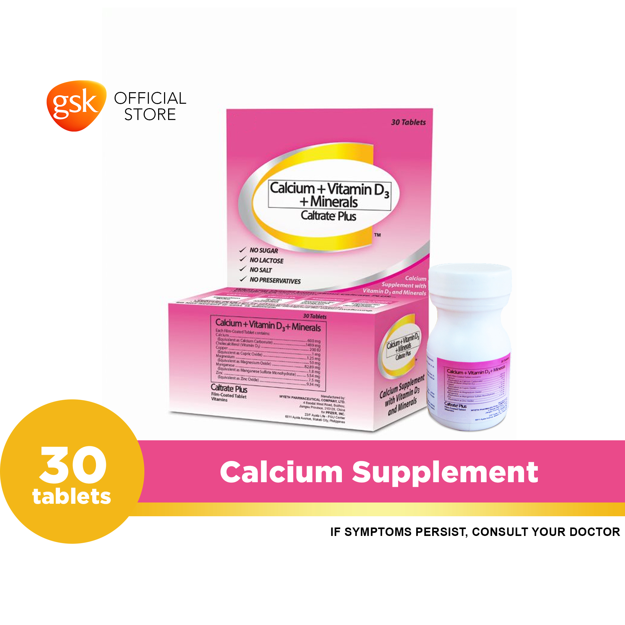 Calcium + Vitamin D3 + Minerals (Caltrate Plus) 30 tablets Shopee