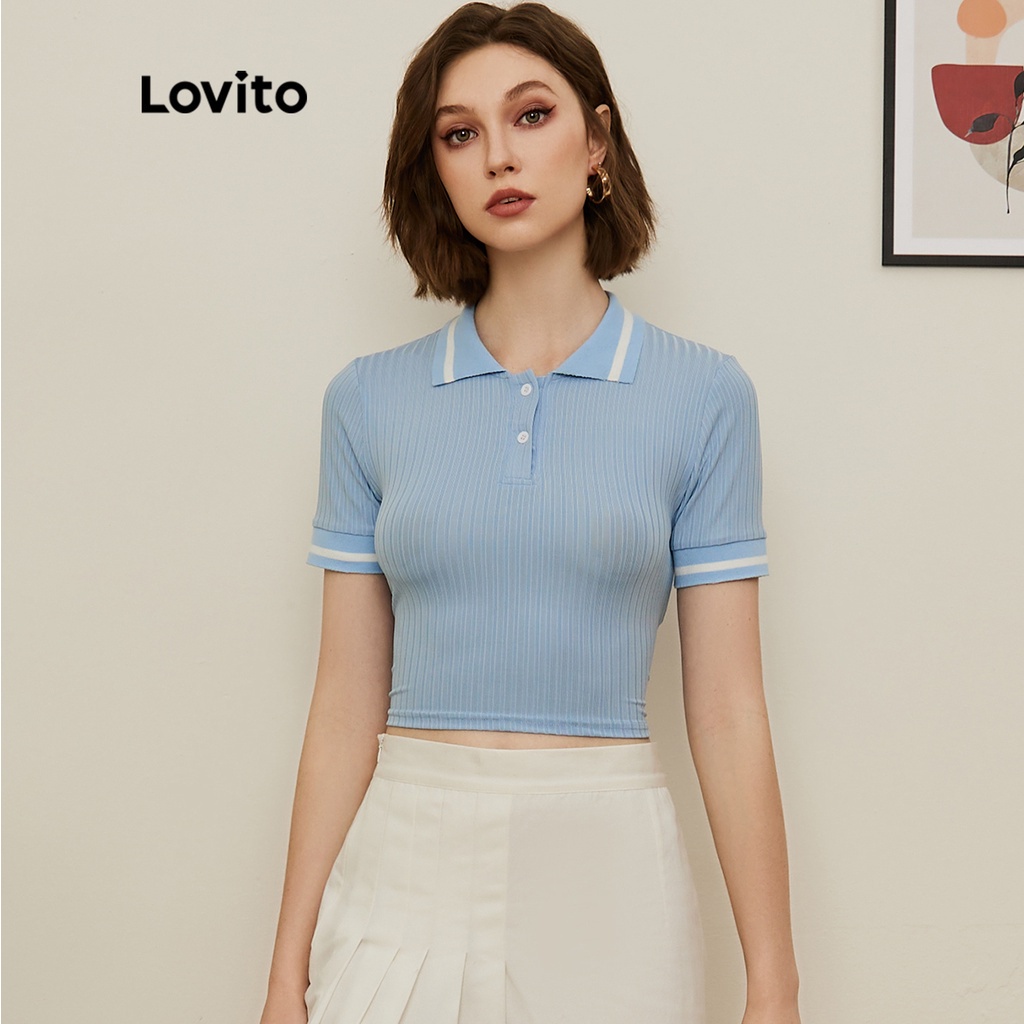 Lovito Preppy Plain Contartst Bingding Polo Neck Short Sleeve Slim Fit Croptop  Tops For Women Crop T-Shirt L19D067 (Light Blue) | Shopee Philippines