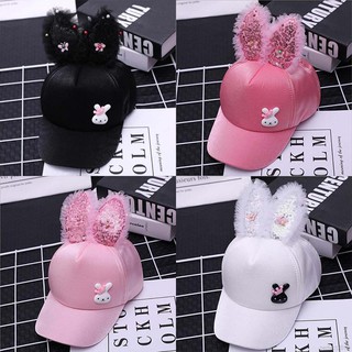 Kids Girls Sequins Print Caps Children Casual Rabbit Ear Design Visors Sun Hat