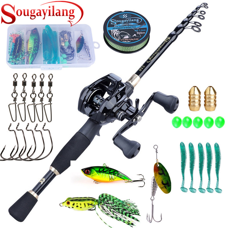 Sougayilang Telescopic Carbon Fishing Rod with Baitcasting Reel Combo