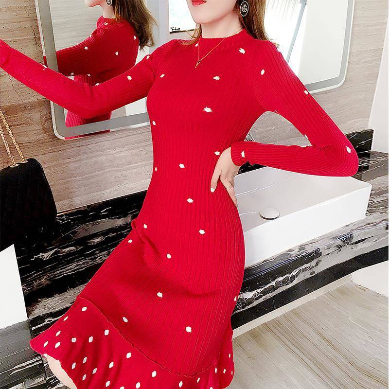 red knit dress with sleeves