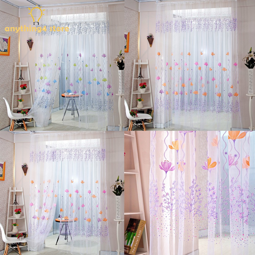 Lotus Flower Print Window Curtain Decor Tulle Sheer Drapes