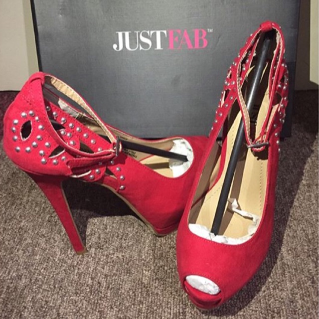 red peep toe heels with ankle strap