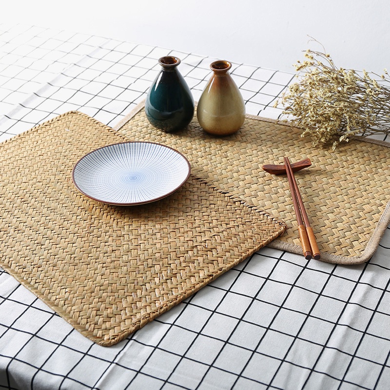 dings Seagrass Rattan Placemat Rectangle Round Placemats Antiheat Cup Coasters Nonslip
