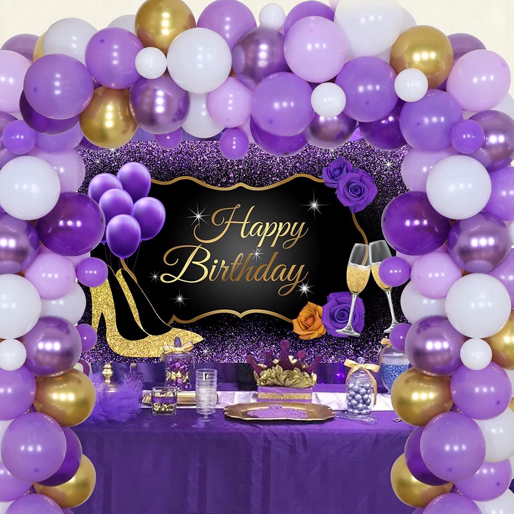 JOYMEMO Purple and Gold Party Decorations for Women Adults Happy Birthday Backdrop Party Supplies Purple Gold Balloon Garland Arch Kit Purple Happy Birthday Decor