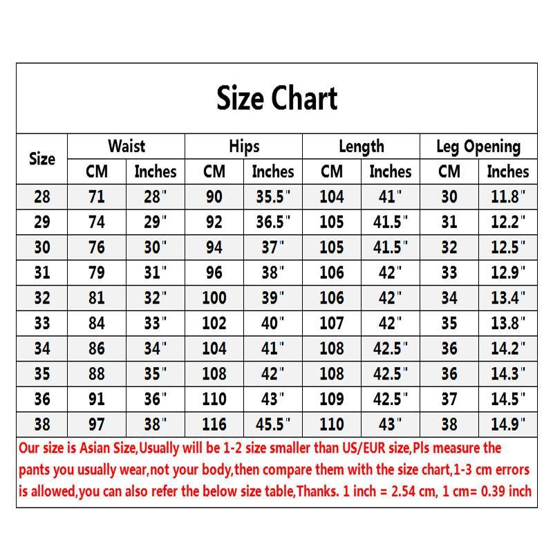 male jeans size chart