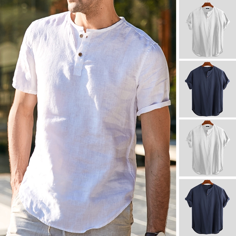 Easor Men Retro Linen V-Neck Short Sleeve Loose Casual Cool Shirts ...