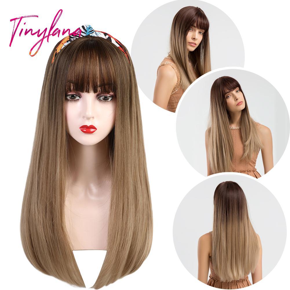 Women 22 Inches Brown Gradient Golden Long Straight Hair With Bangs Synthetic Wig Shopee Philippines