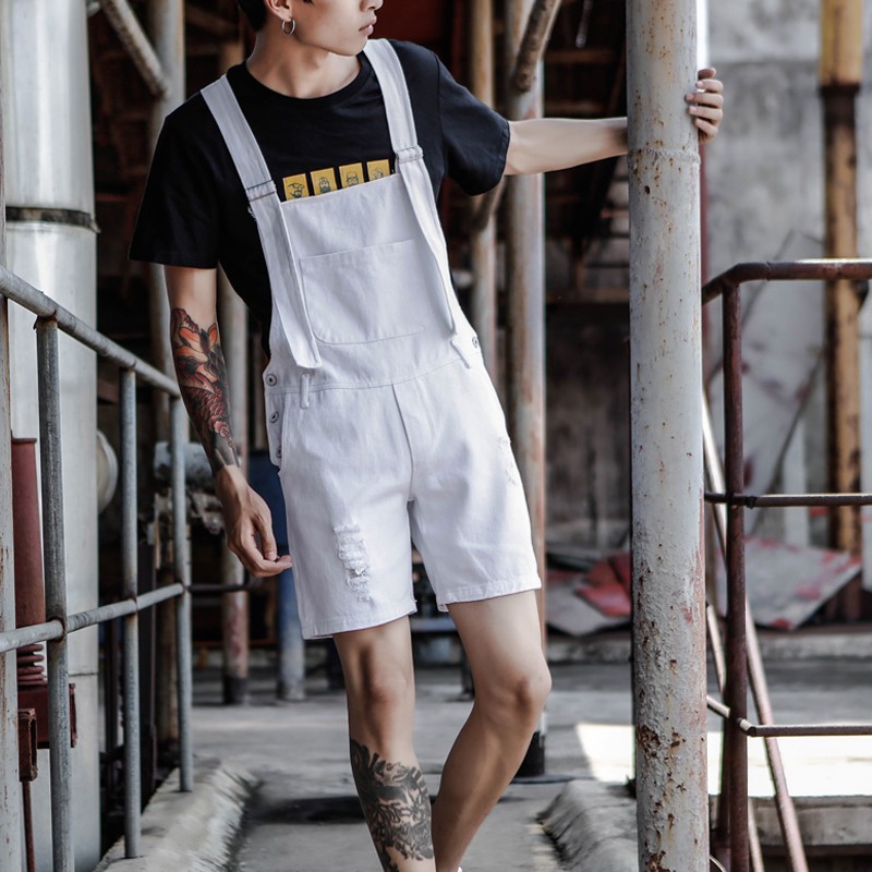 Color: Black White Khaki Summer Trends Jumper Shorts Men's Loose Hole  Tooling Jumpsuit | Shopee Philippines