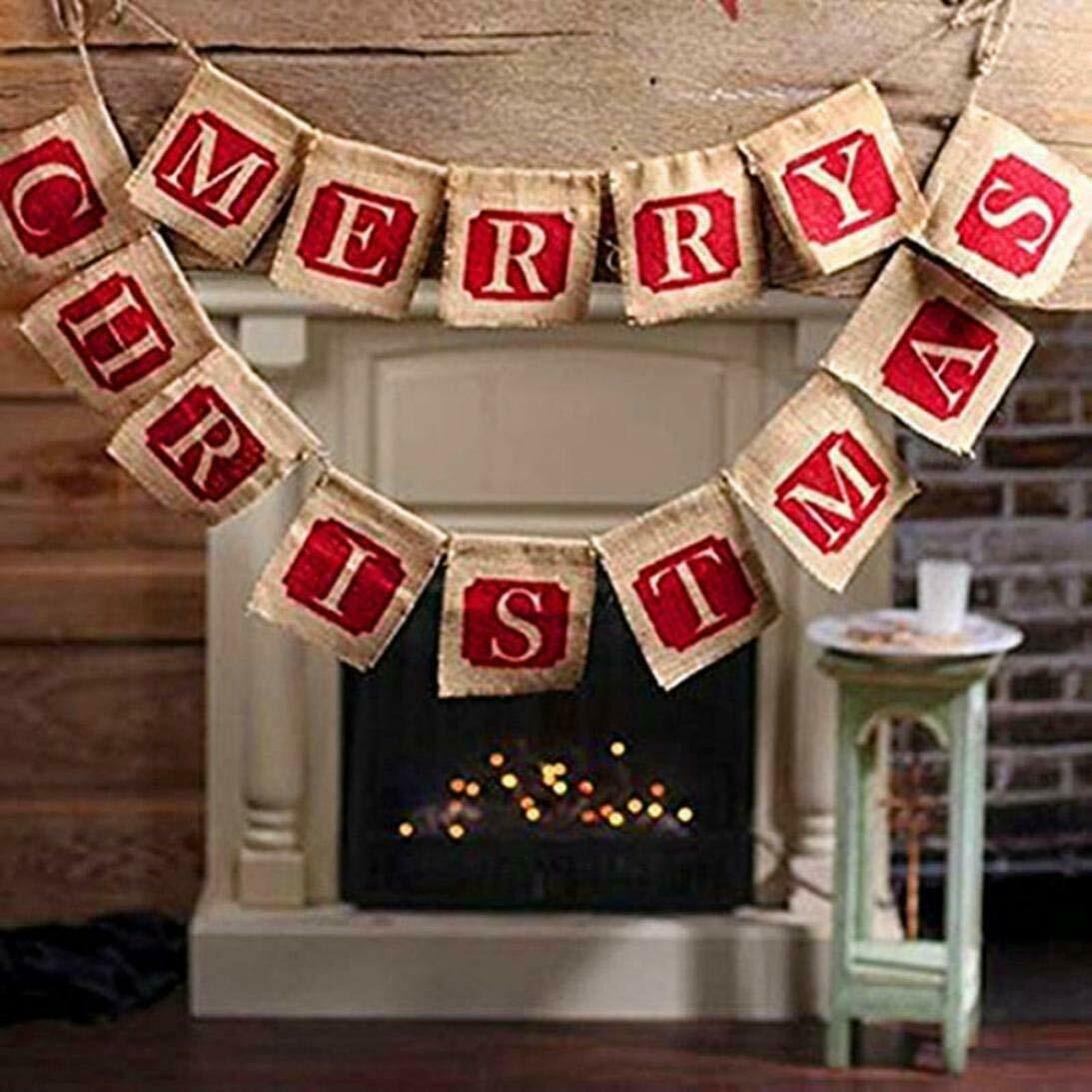 Jute Rope Merry Christmas Photo Props Vintage Pennant Burlap Bunting Banner Rustic Party