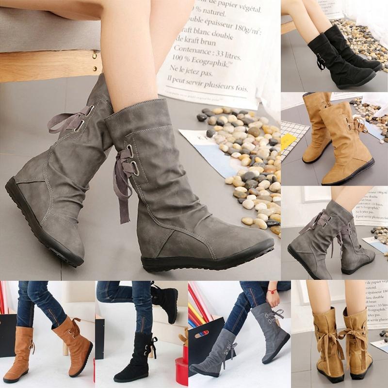 2020 New Winter Womens Round Toes Casual Low Heels Mid-Calf Boots Shoes 