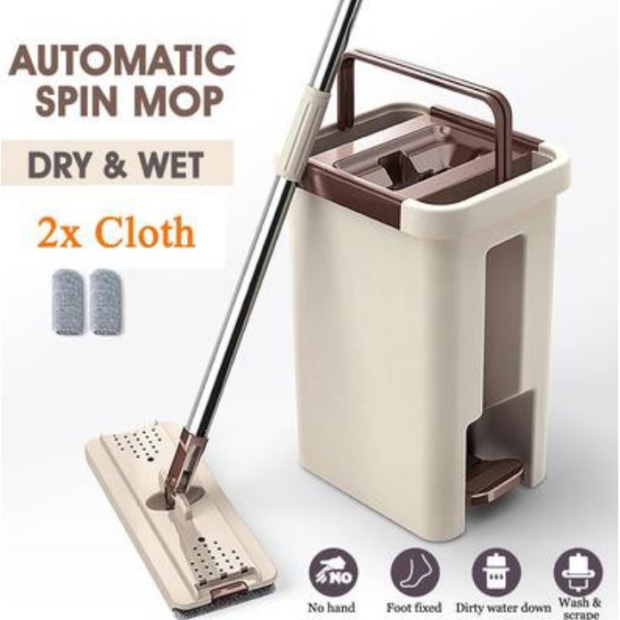 mop with squeezer T + 8 2in1 Self-Wash Squeeze Dry Flat Mop Bucket Tool Kit 360