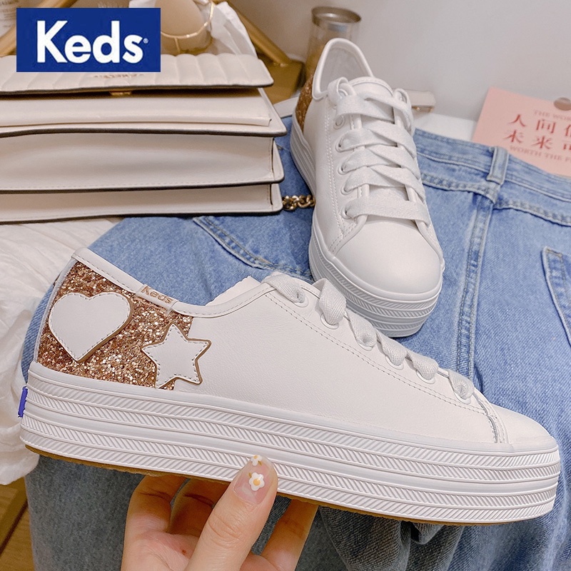 Keds Co-Branded Kate spade Thick-Soled Genuine Leather Surface White Shoes  Women's Platform Sole Sequin Stitching St | Shopee Philippines