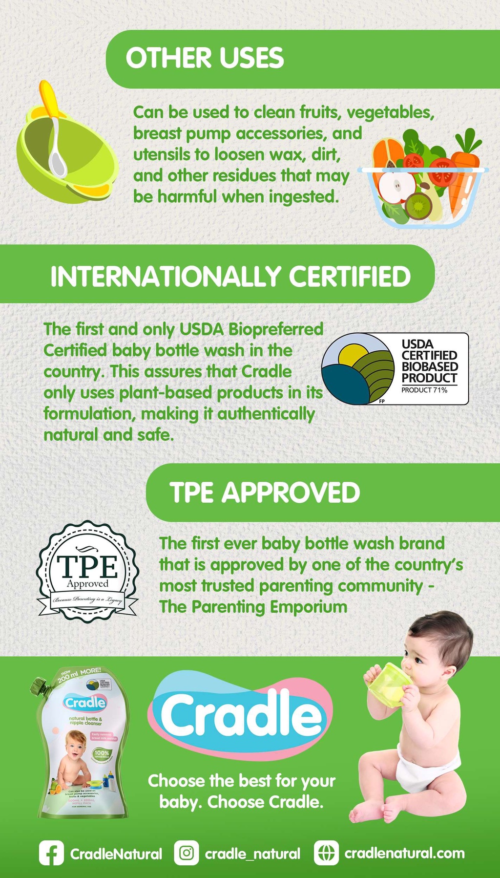 Cradle Natural Baby Bottle Wash & Nipple Cleaner 100 natural, Nontoxic, Edible, 700mL Easy