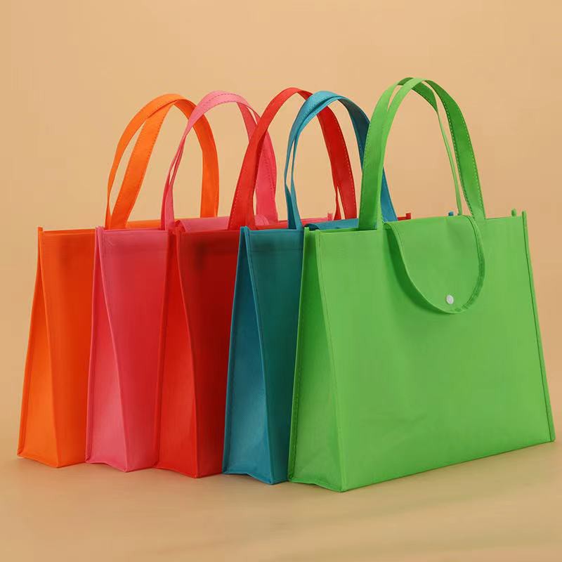 Foldable Eco Bag With Button Horizontal Shopping  Shoulder Tote Handbag Reusable Non-woven Packaging