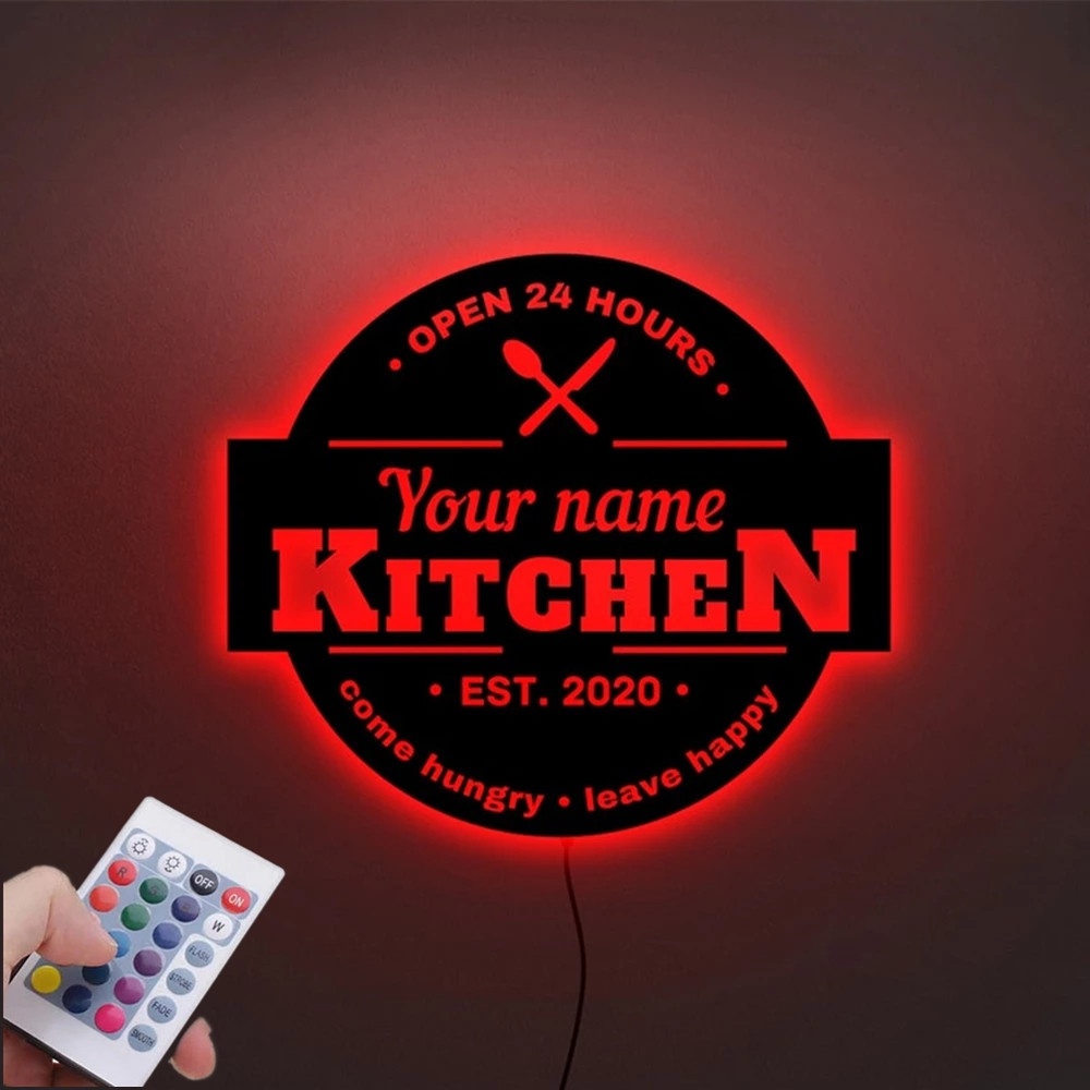 Kitchen Sign Neon Lamp Night Light Personalized Custom Name Wooden LED