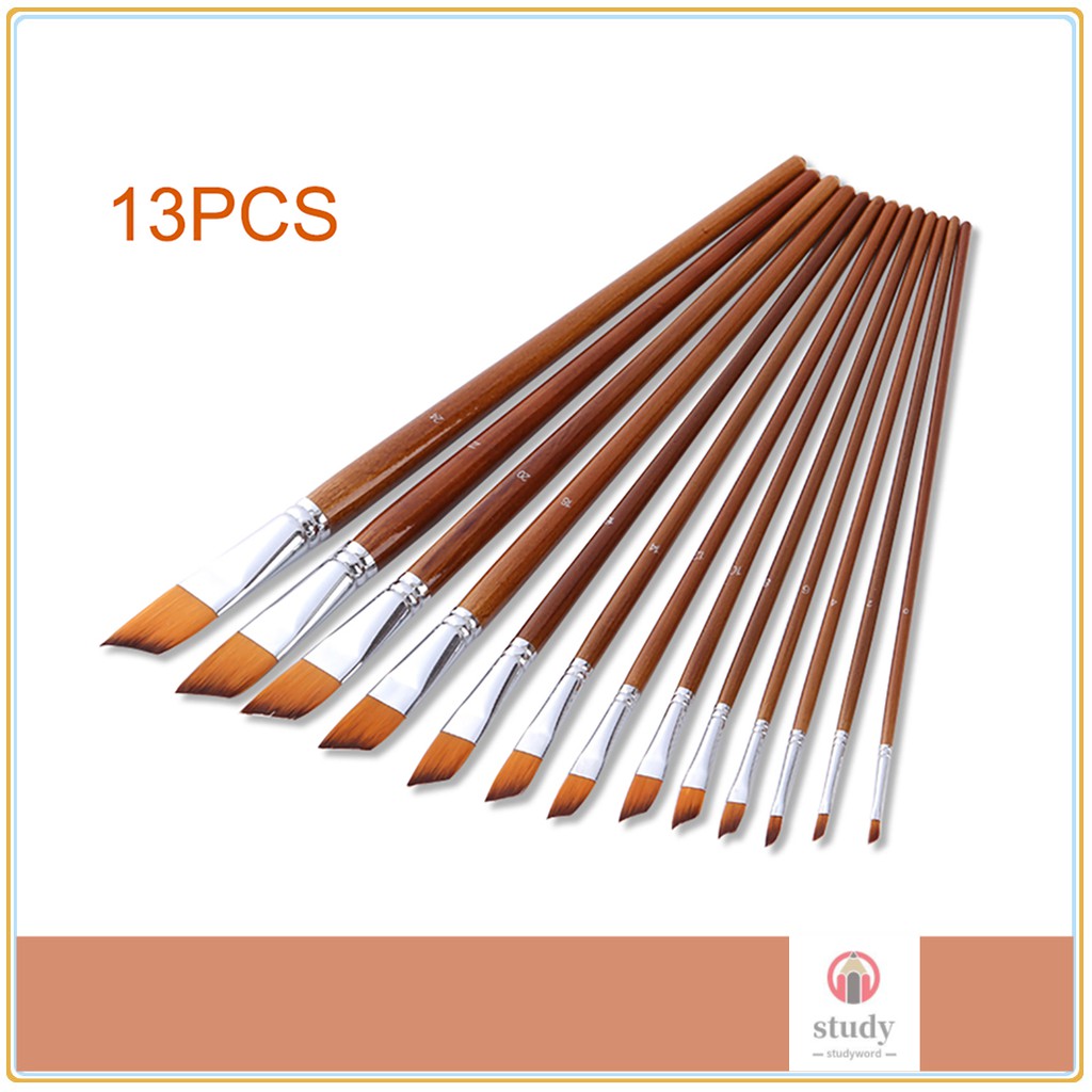 <IN STOCK> 13pcs Professional Art Paint Brushes Set Long Wooden Handle Nylon Hair Paintbrush for Acrylic Oil Watercolor Gouache Face Painting Drawing Art Supplies, Angular Tip