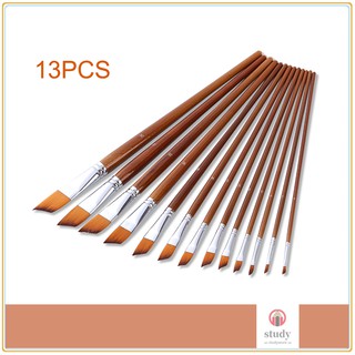 <IN STOCK> 13pcs Professional Art Paint Brushes Set Long Wooden Handle Nylon Hair Paintbrush for Acrylic Oil Watercolor Gouache Face Painting Drawing Art Supplies, Angular Tip #1
