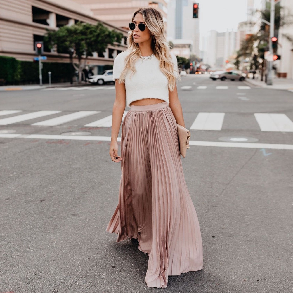 high waisted long pleated skirt