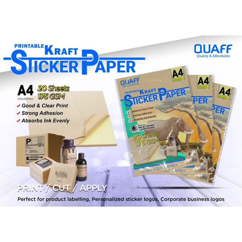 Quaff Printable Kraft Sticker Paper A4 175gsm (20 sheets) | Shopee ...