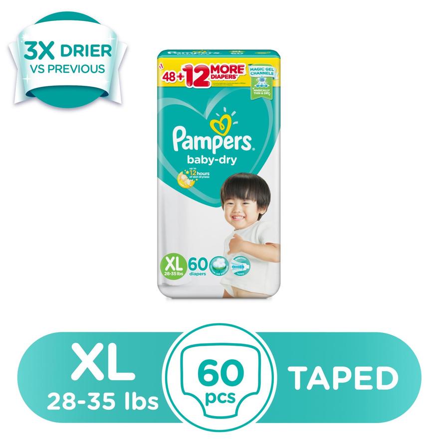 PAMPERS Baby Dry Taped Diapers Extra Large (2835 lbs) 60 pcs Shopee