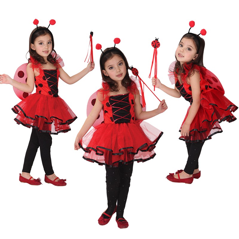 GIRLS SIZE LARGE 10-12 LADYBUG HALLOWEEN COSTUME OUTFIT COSPLAY DRESS WINGS
