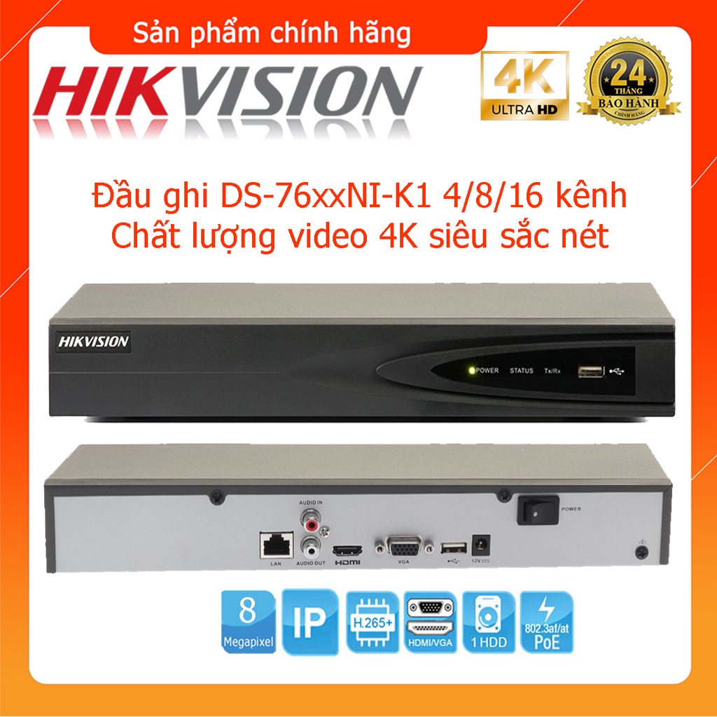 Nvr IP Recorder Series 76xx 4/8/16/32 Channels DS-7604NI-K1, DS-7608NI-K1, DS-7616NI-K1 Compressed Standard H.265 +