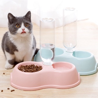Macaron Colors Pet Dog Cat Double PP Plastic Bowl w/ Water Bottle Automatic Dispenser