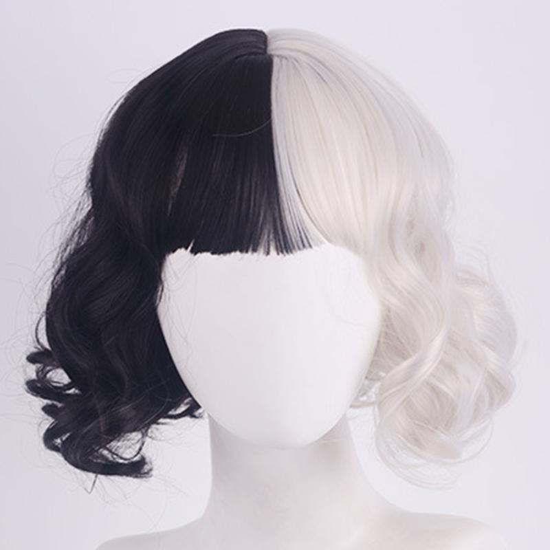 Cosplay Wig Half Black Half White Curly Hair Adjustable Short Bangs Wig Halloween Carnival Party Hairstyle Enjoygo 452