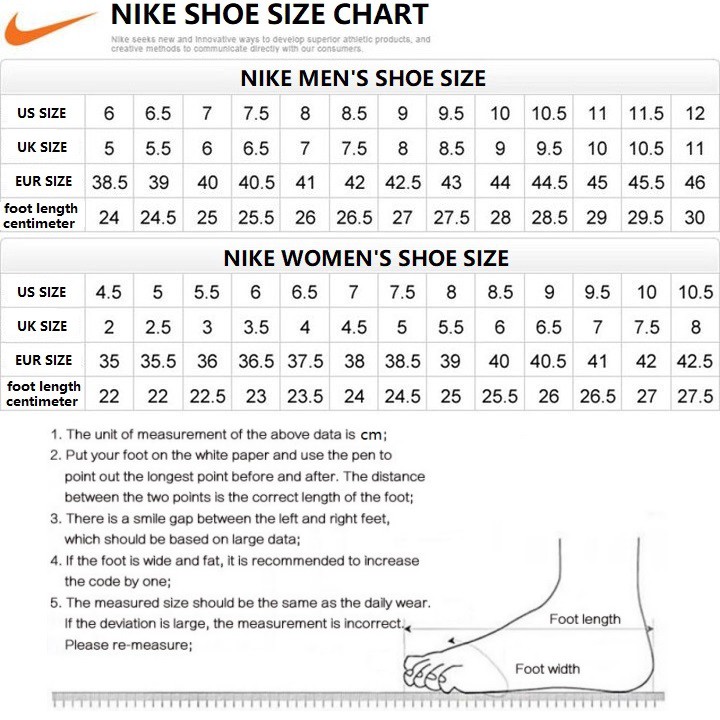 size chart nike mens shoes