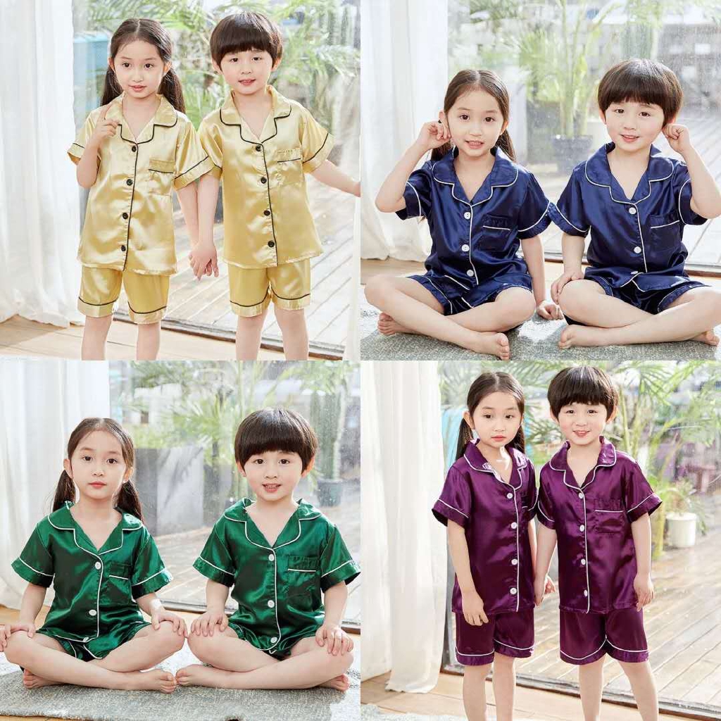 4-14years Silk Terno Pantulog for Kids Satin Pyjamas Short Sleeve Baju ...